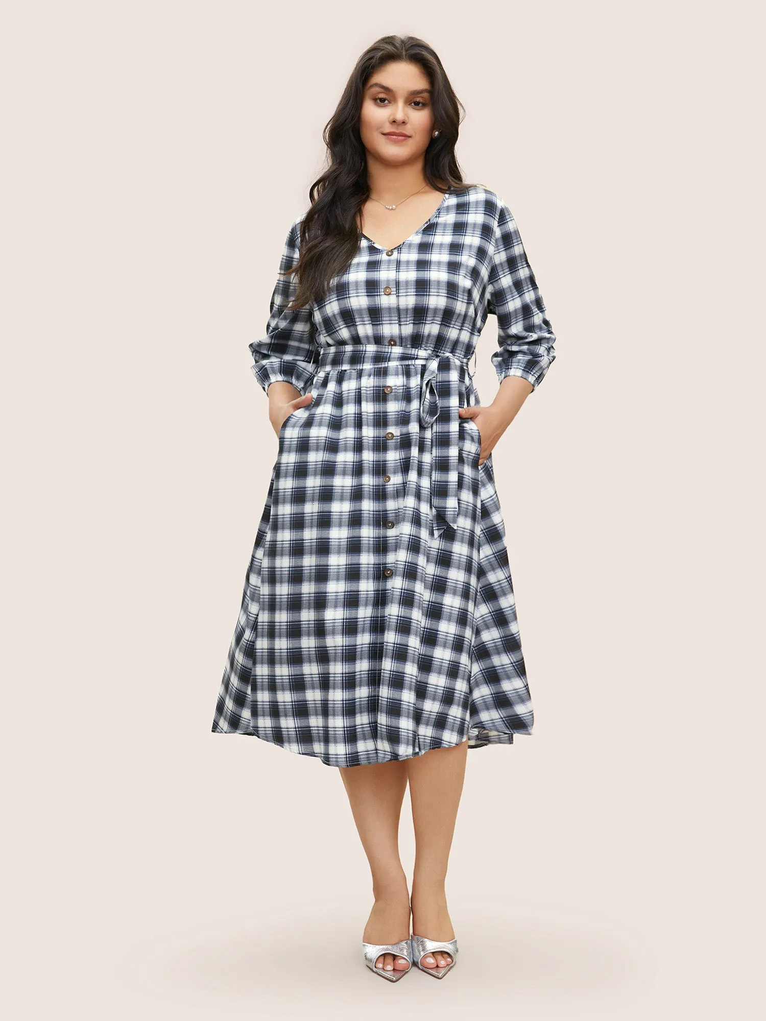 Plaid Button Detail Belted Elastic Waist Dress sold by Bloomchic product image thumbnail 2