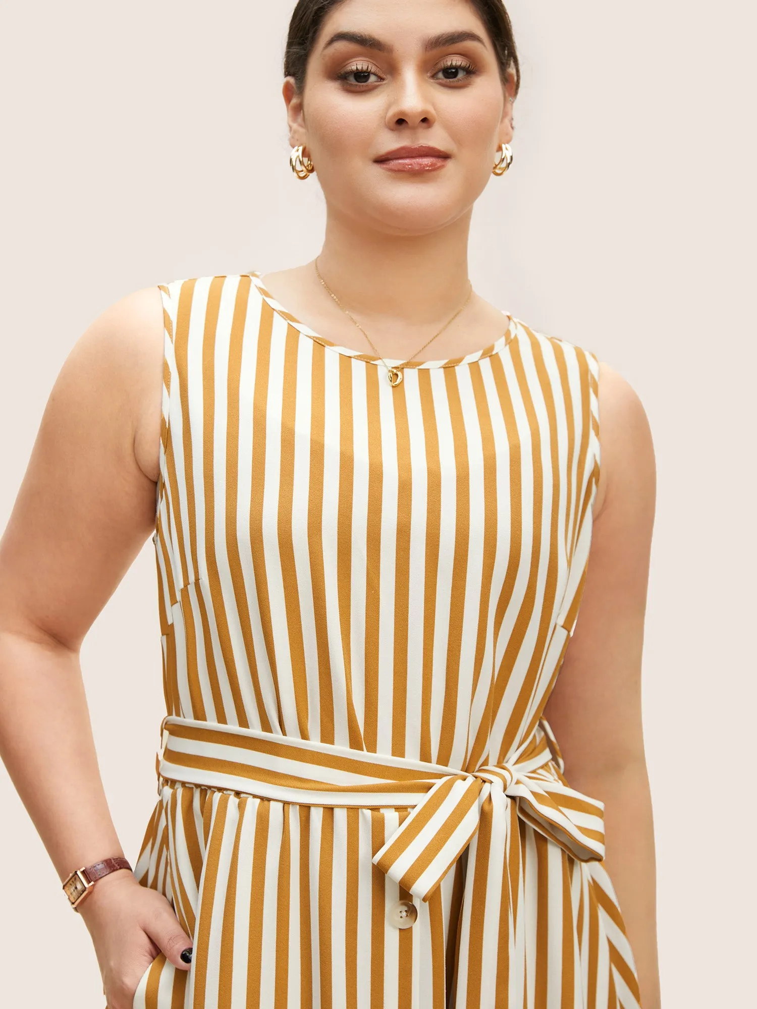 Striped Sleeveless Button Detail Belted Midi Dress sold by Bloomchic product image thumbnail 4