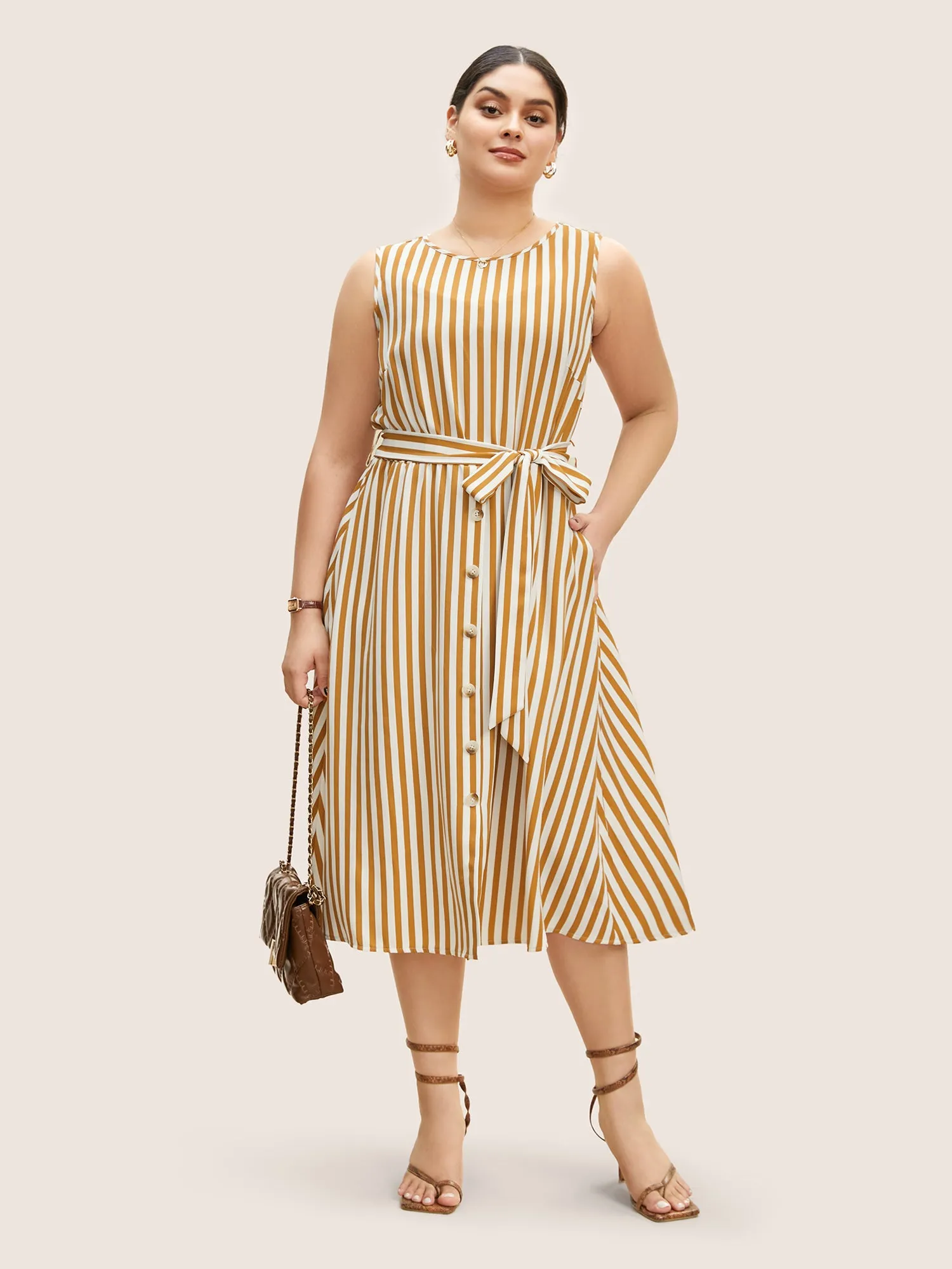 Striped Sleeveless Button Detail Belted Midi Dress sold by Bloomchic product image thumbnail 2