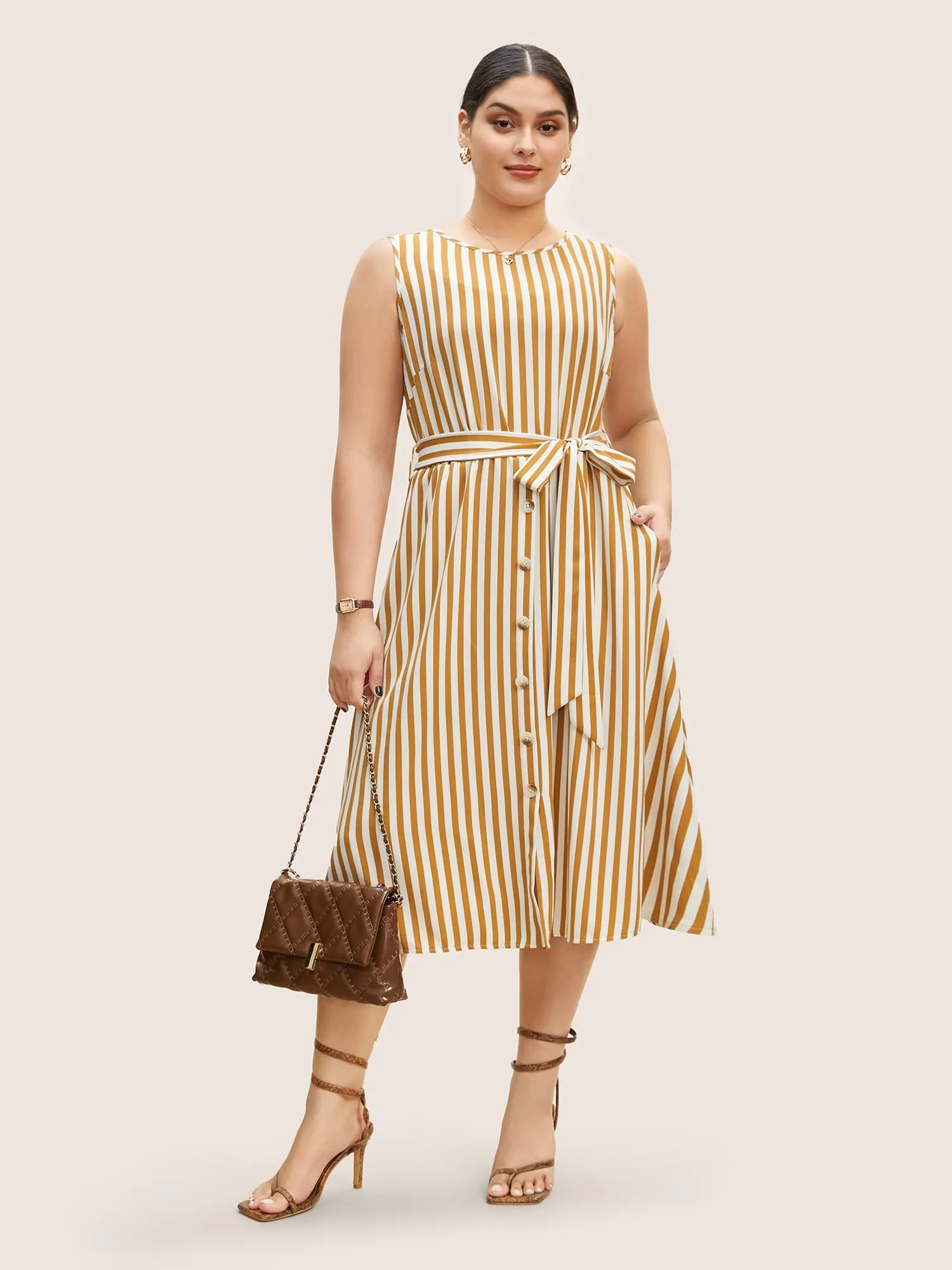 Striped Sleeveless Button Detail Belted Midi Dress sold by Bloomchic