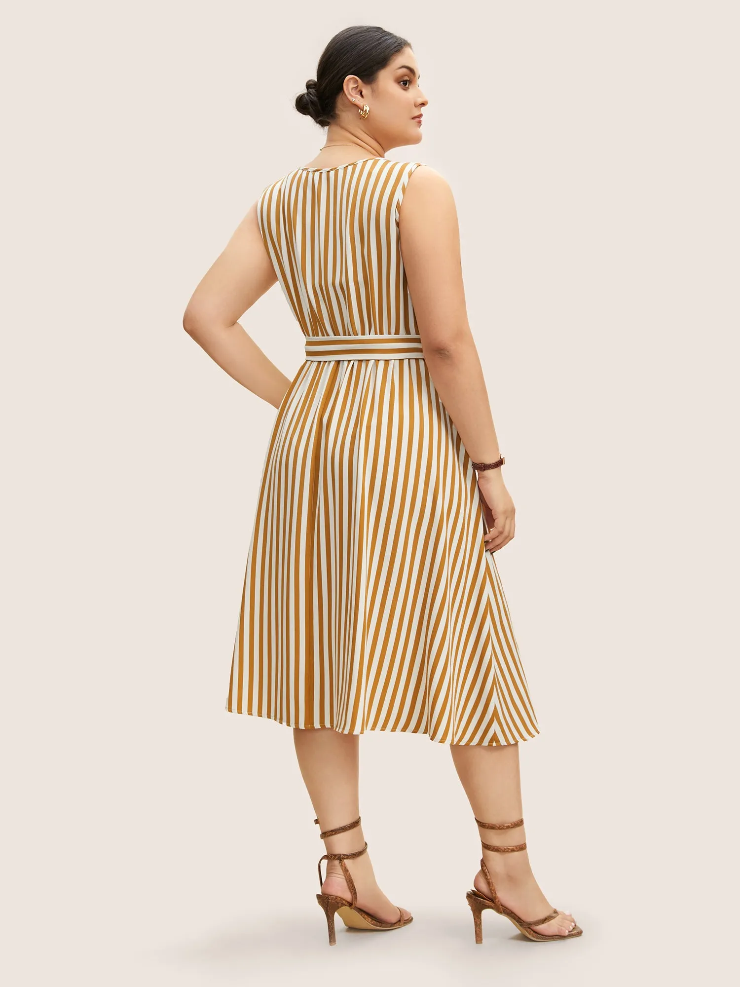 Striped Sleeveless Button Detail Belted Midi Dress sold by Bloomchic product image thumbnail 3