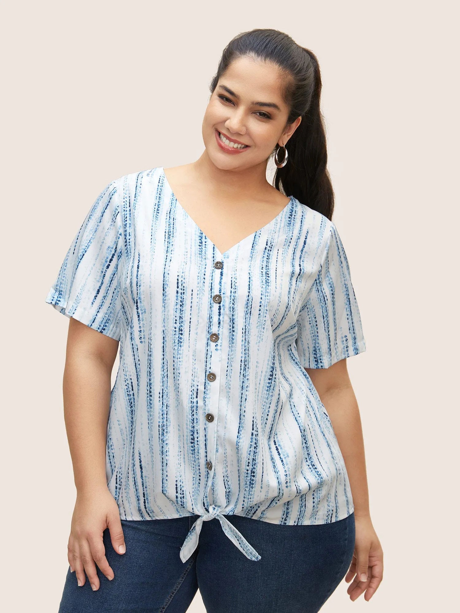 Brush Print Tie Knot Button Detail Blouse sold by Bloomchic