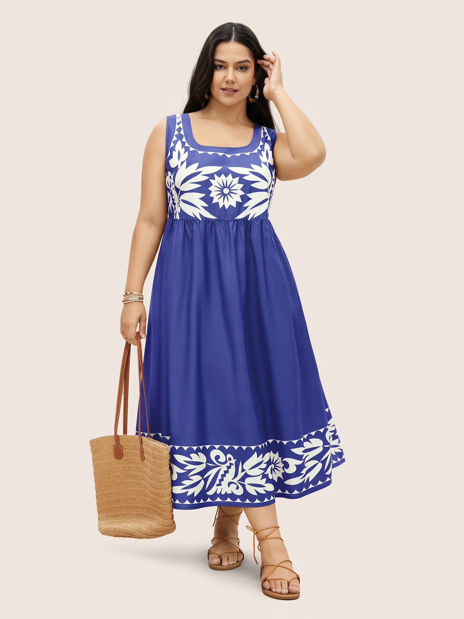 Boho Print Square Neck Elastic Waist Tank Dress sold by Bloomchic