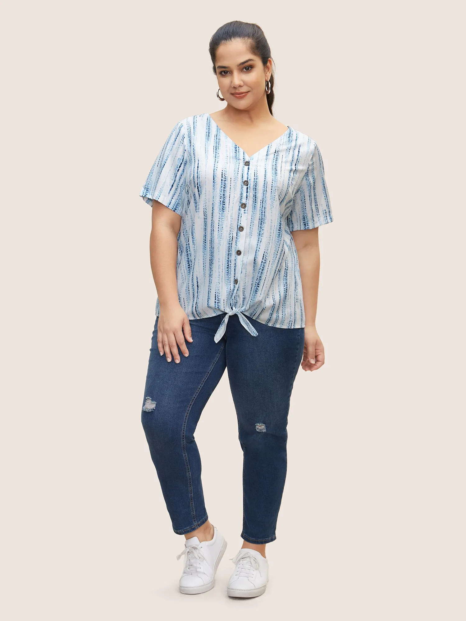 Brush Print Tie Knot Button Detail Blouse sold by Bloomchic product image thumbnail 3