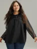 Solid Keyhole Mesh Plicated Detail Blouse sold by Bloomchic