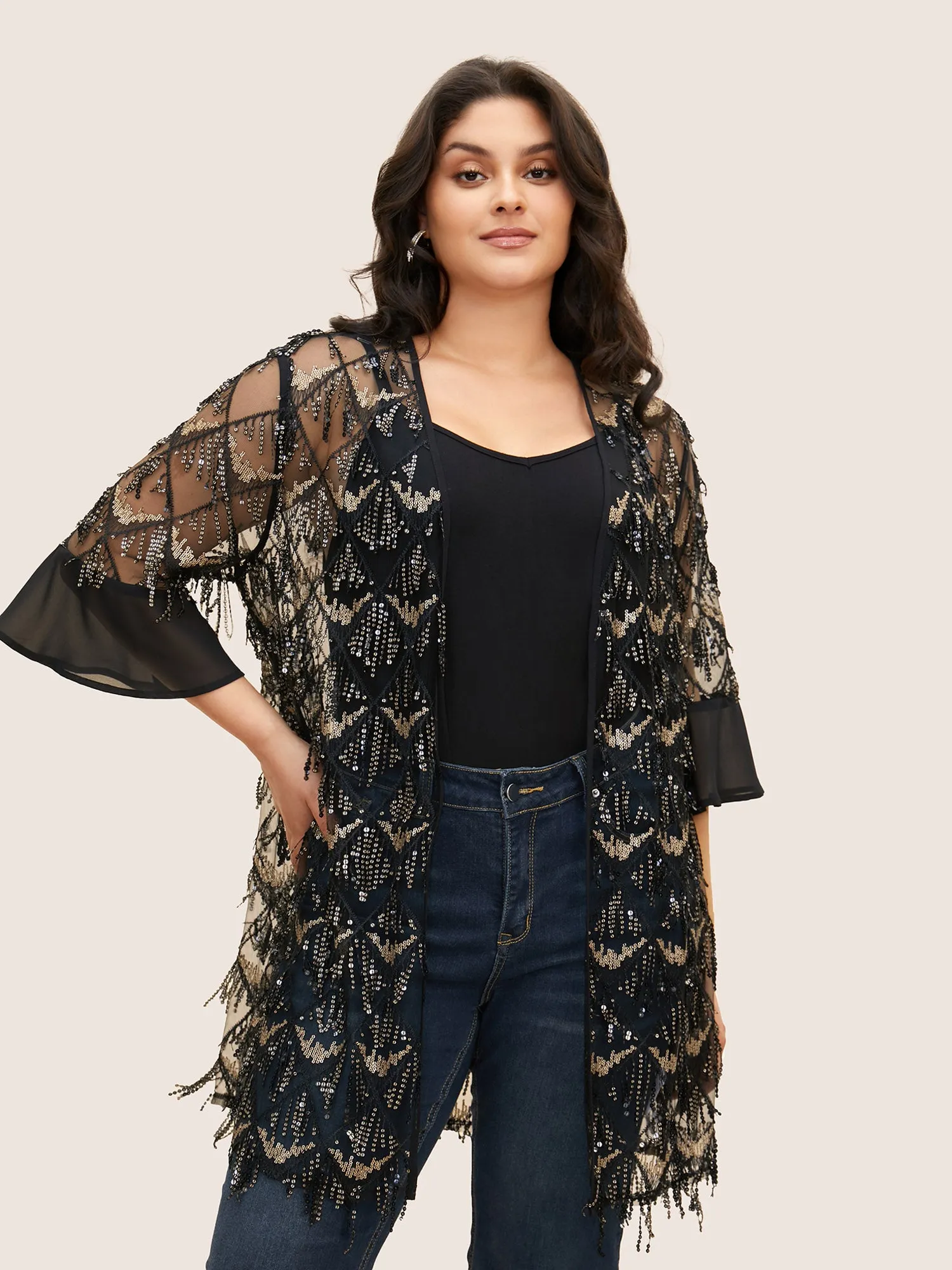 Sequin Mesh Patchwork Tassel Trim Cover Up sold by Bloomchic