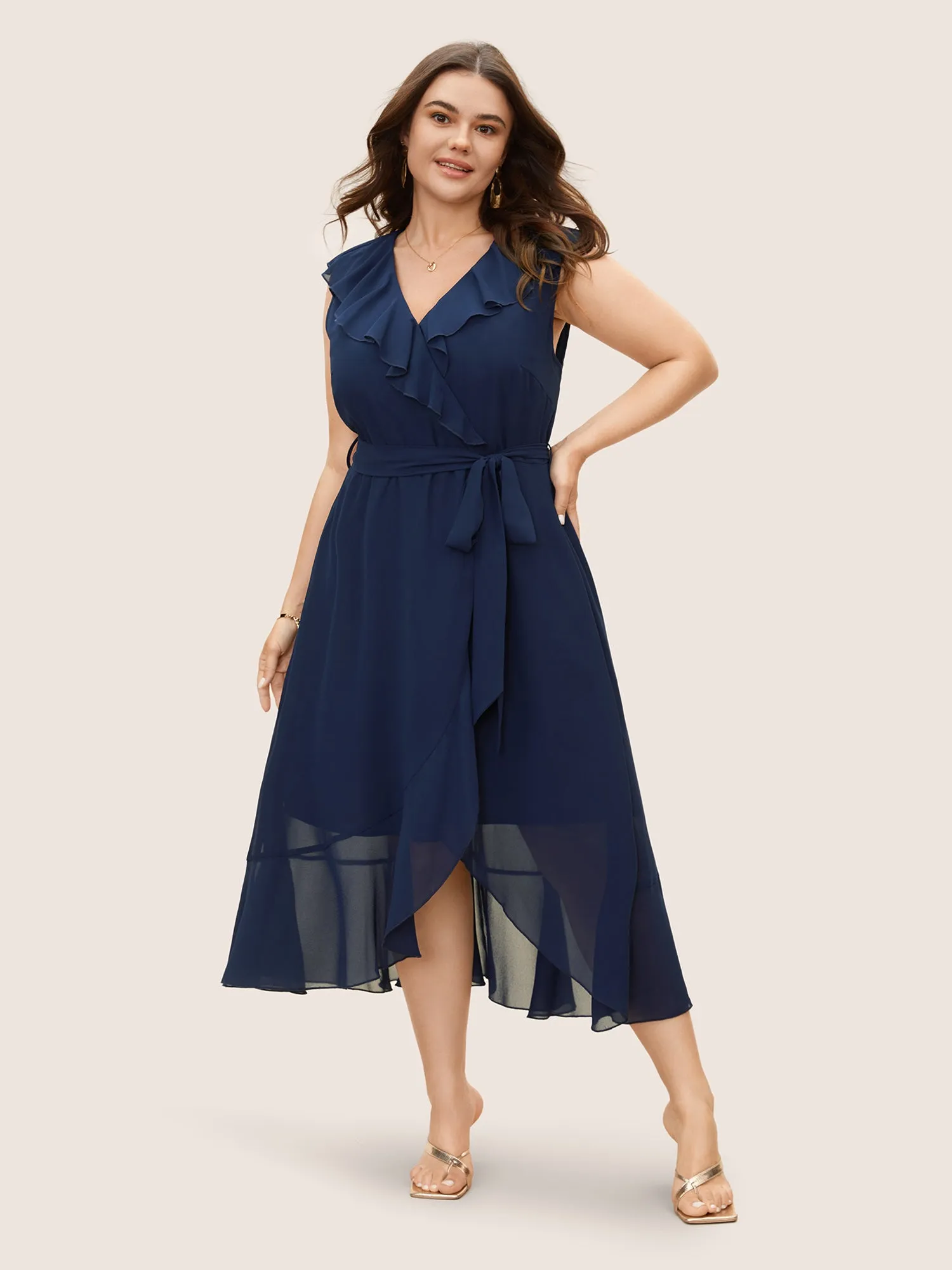 Chiffon Overlap Collar Ruffle Trim Dress sold by Bloomchic product image thumbnail 3