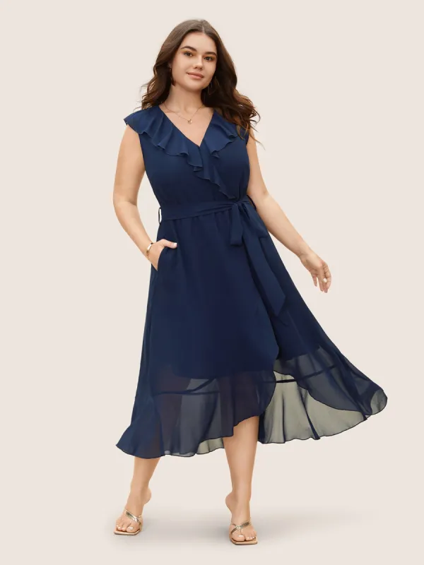 Chiffon Overlap Collar Ruffle Trim Dress sold by Bloomchic