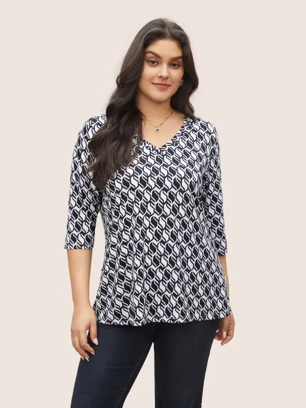 V Neck Geometric Elbow Length Sleeve T-shirt sold by Bloomchic