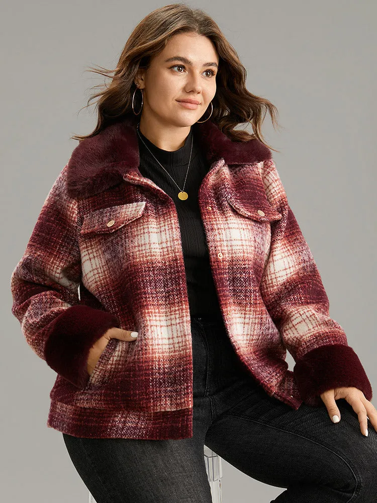Plaid Patchwork Button Through Fuzzy Trim Jacket sold by Bloomchic