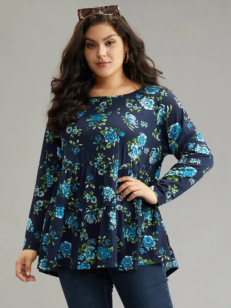 Floral Print Flutter Hem Gathered T-shirt sold by Bloomchic