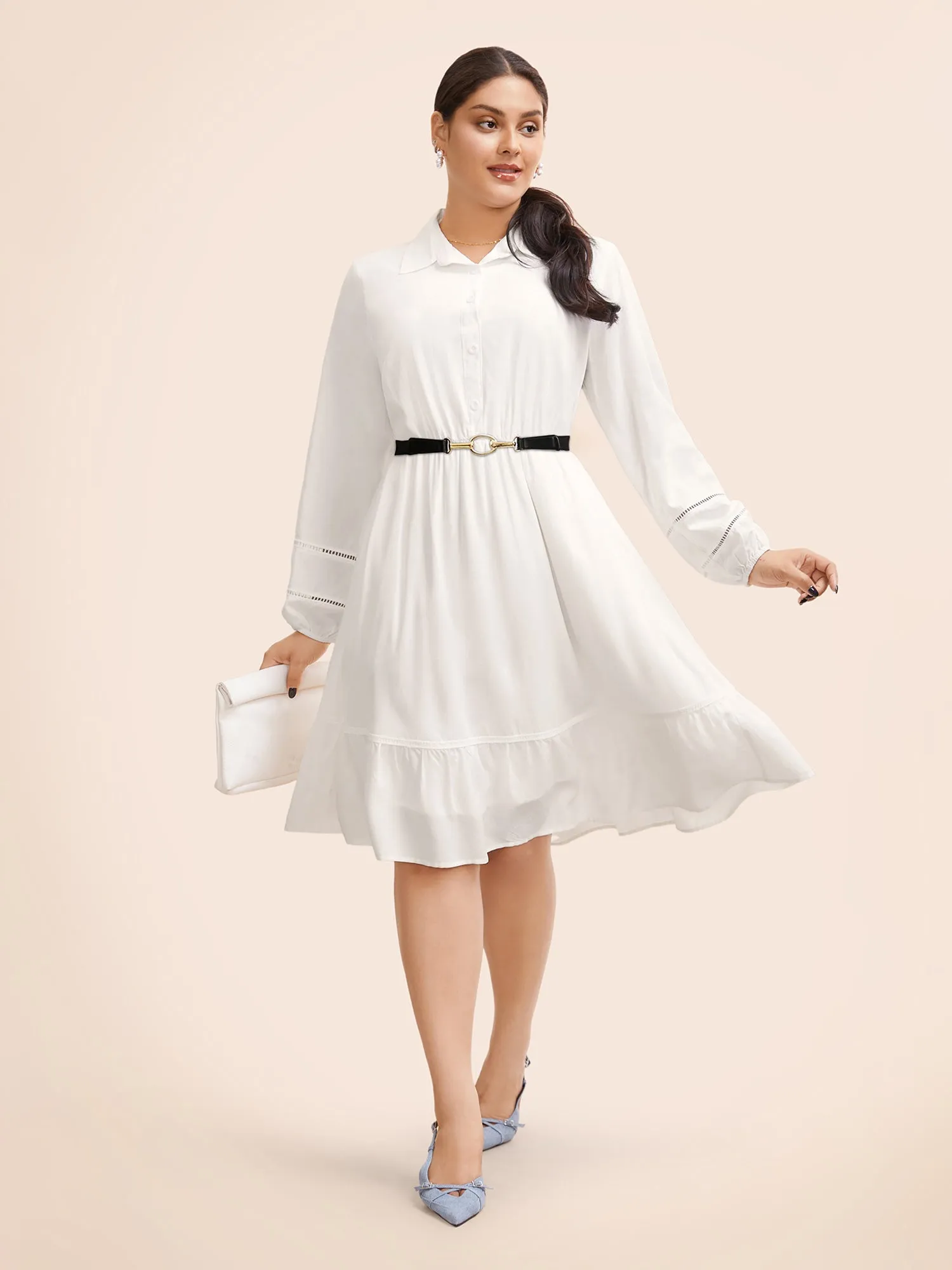 Shirt Collar Button Detail Woven Ribbon Dress sold by Bloomchic