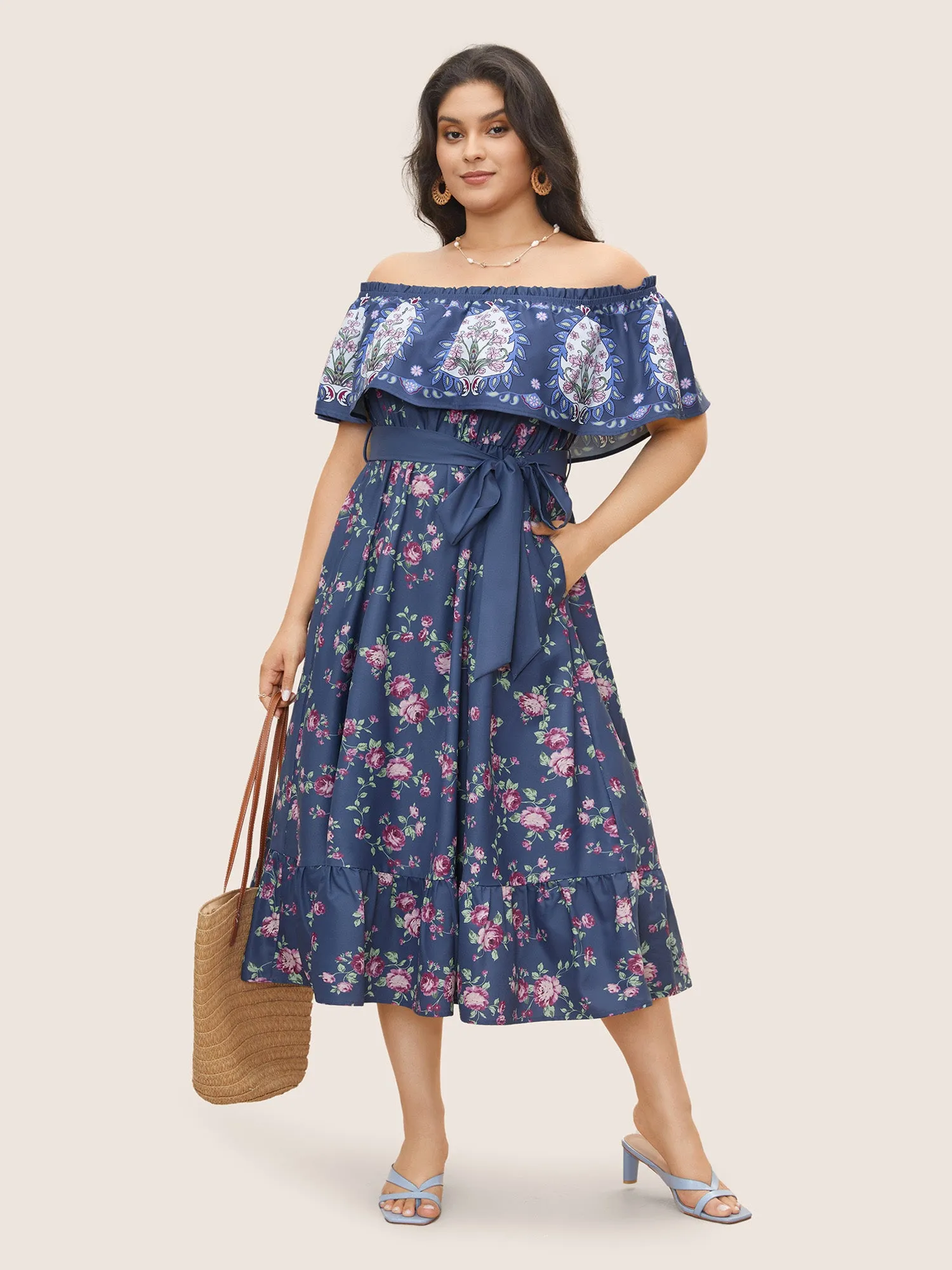 Floral Off Shoulder Belted Frill Trim Dress sold by Bloomchic