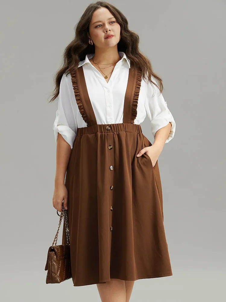 Elastic Waist Button Detail Frill Trim Overall Skirt sold by Bloomchic