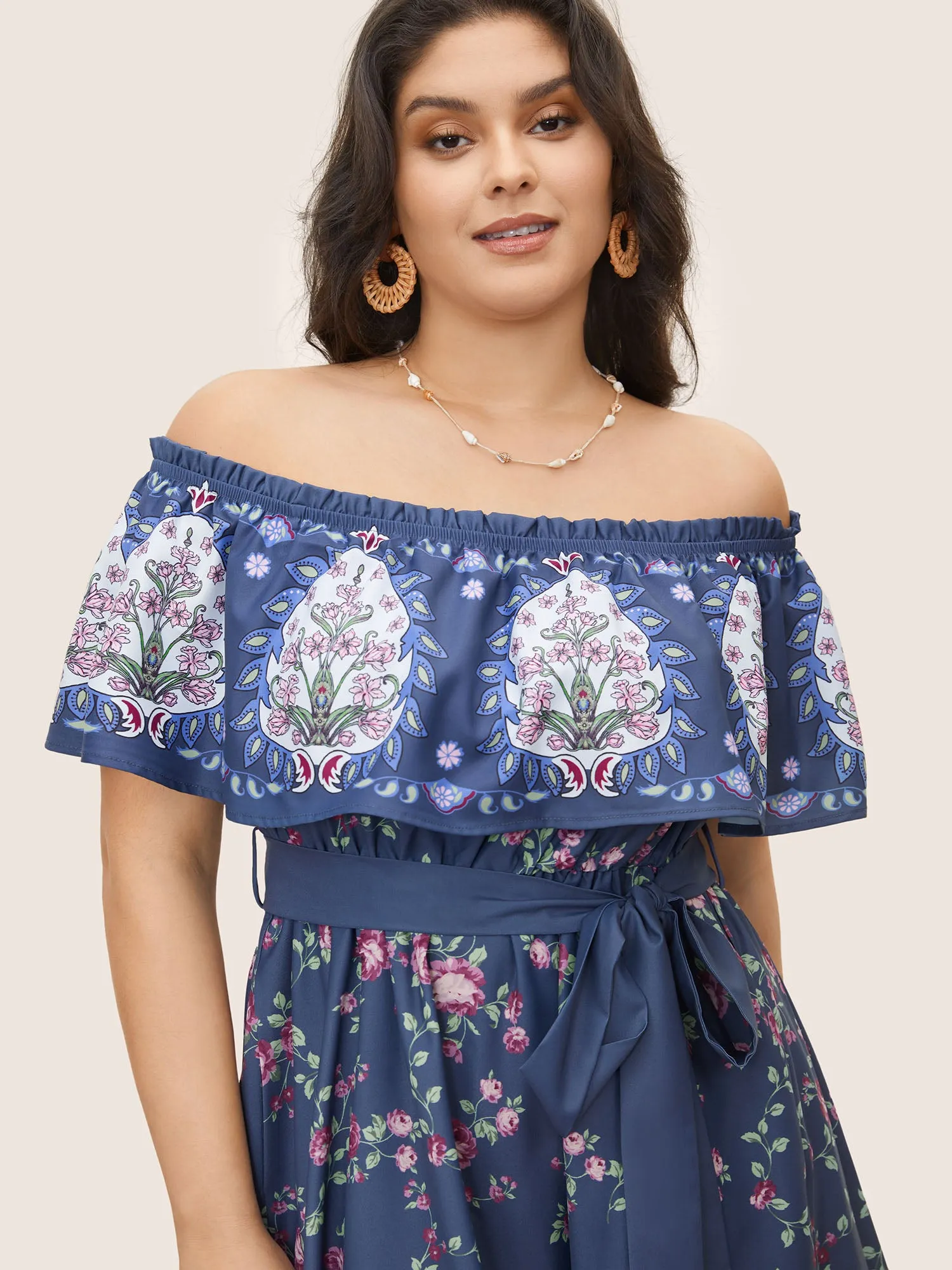 Floral Off Shoulder Belted Frill Trim Dress sold by Bloomchic product image thumbnail 4