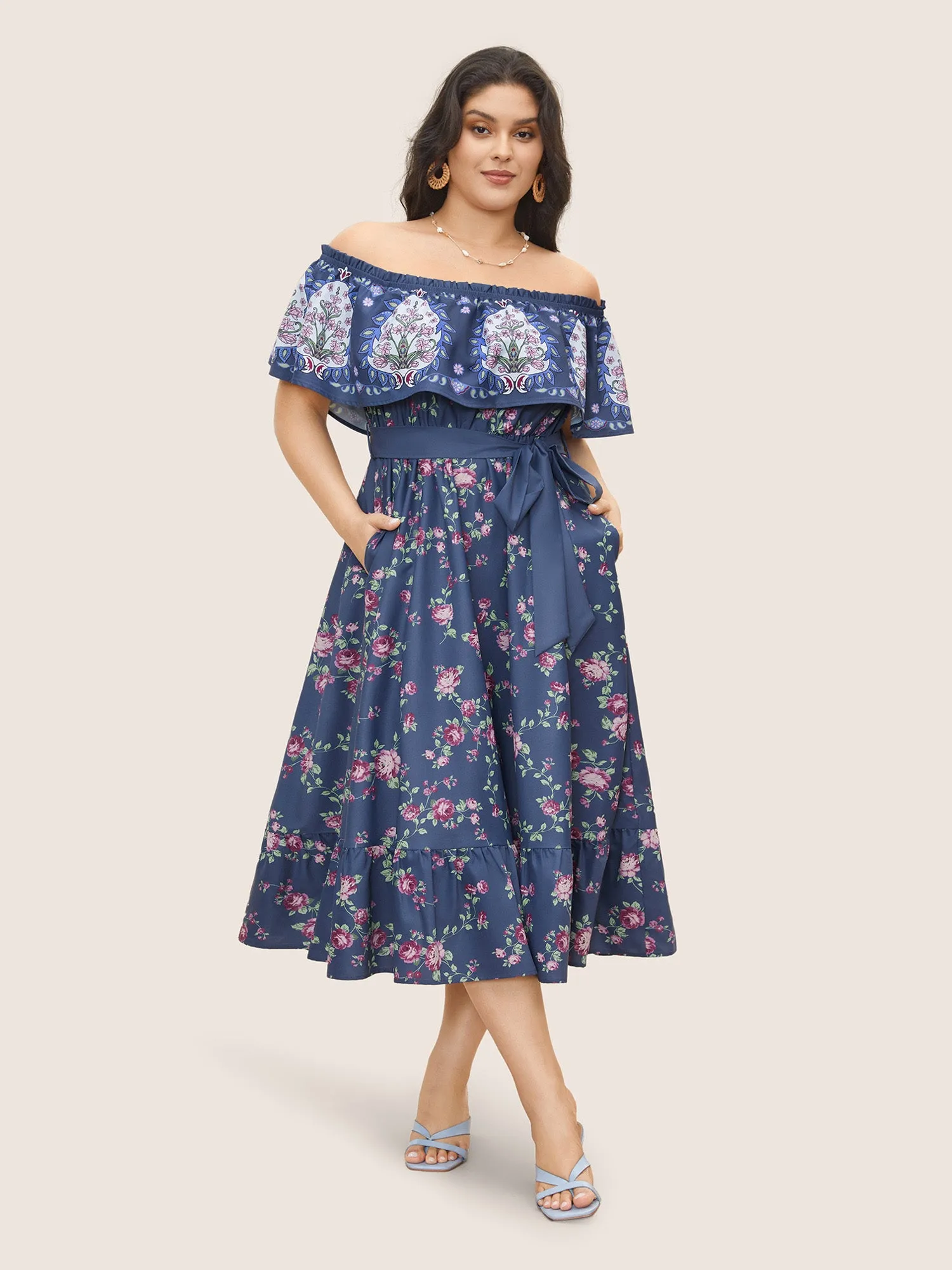 Floral Off Shoulder Belted Frill Trim Dress sold by Bloomchic product image thumbnail 2