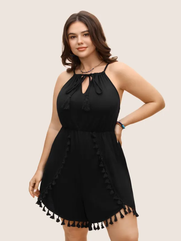 Solid Elastic Waist Tassel Trim Gathered Romper sold by Bloomchic