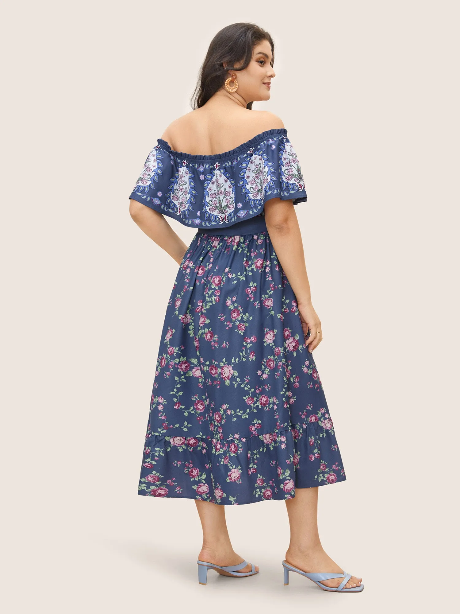 Floral Off Shoulder Belted Frill Trim Dress sold by Bloomchic product image thumbnail 3