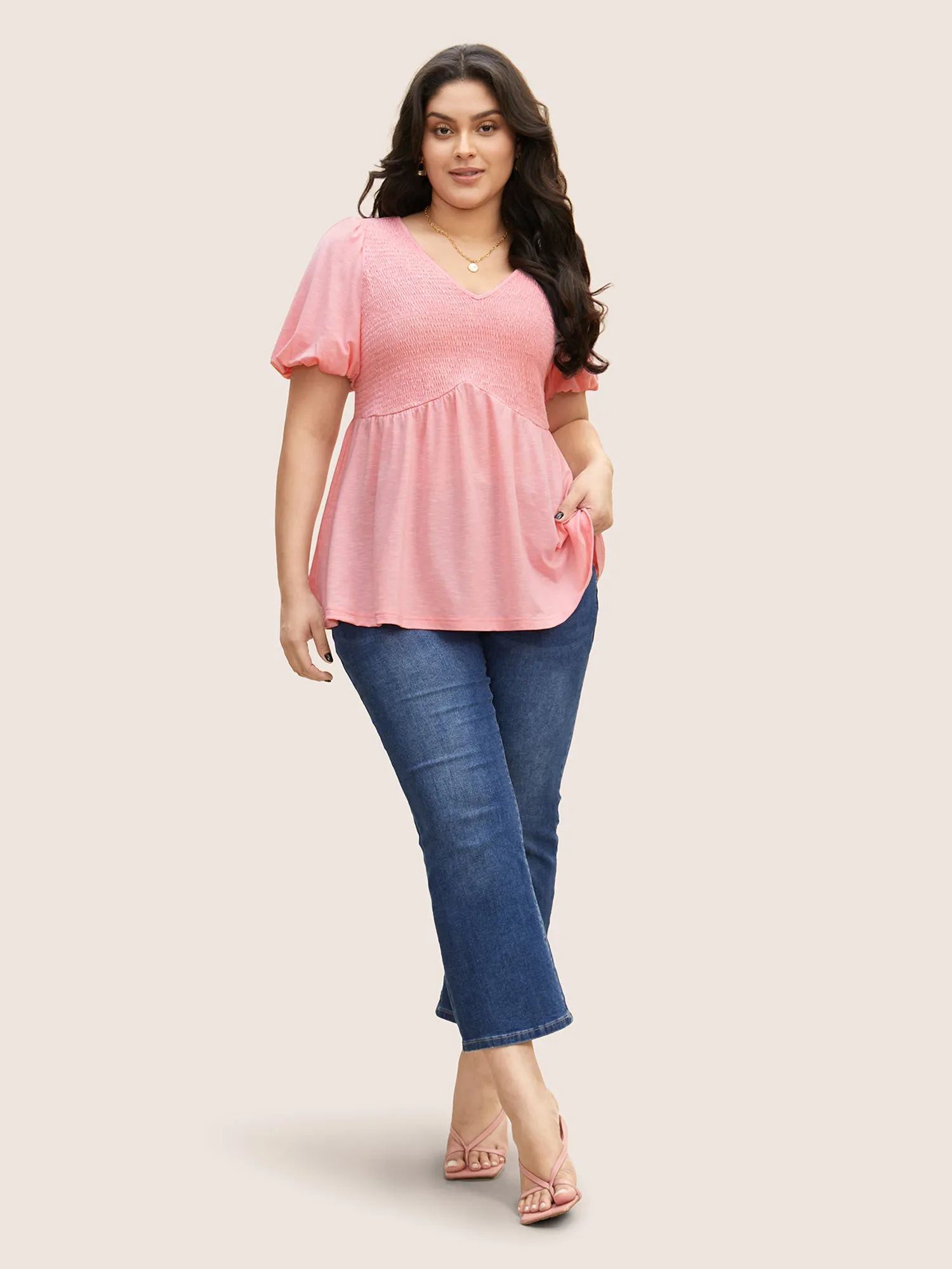 V Neck Shirred Lantern Sleeve T-shirt sold by Bloomchic product image thumbnail 2