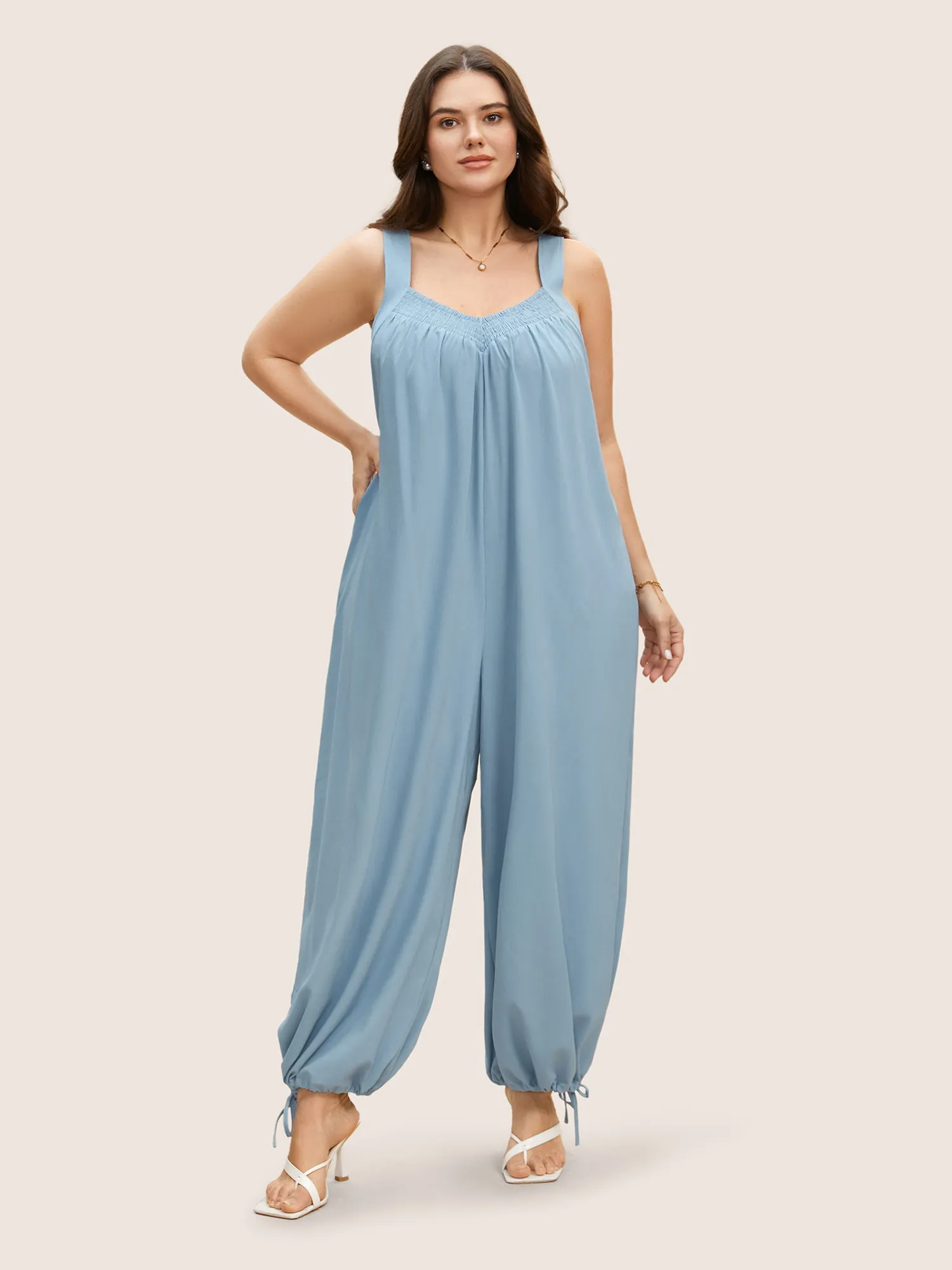 Heart Neckline Shirred Drawstring Carrot Jumpsuit sold by Bloomchic