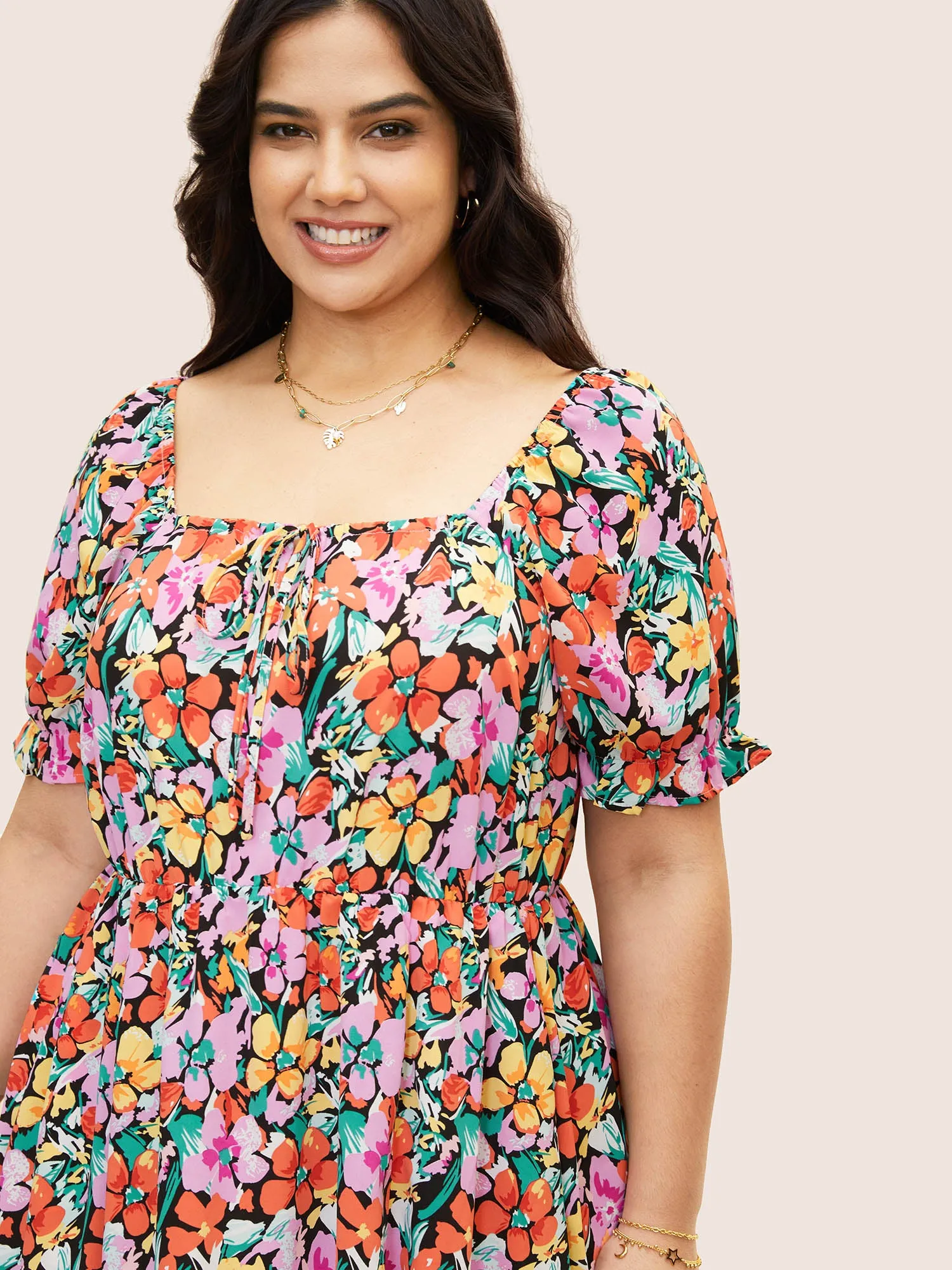 Square Neck Floral Drawstring Split Hem Dress sold by Bloomchic product image thumbnail 4