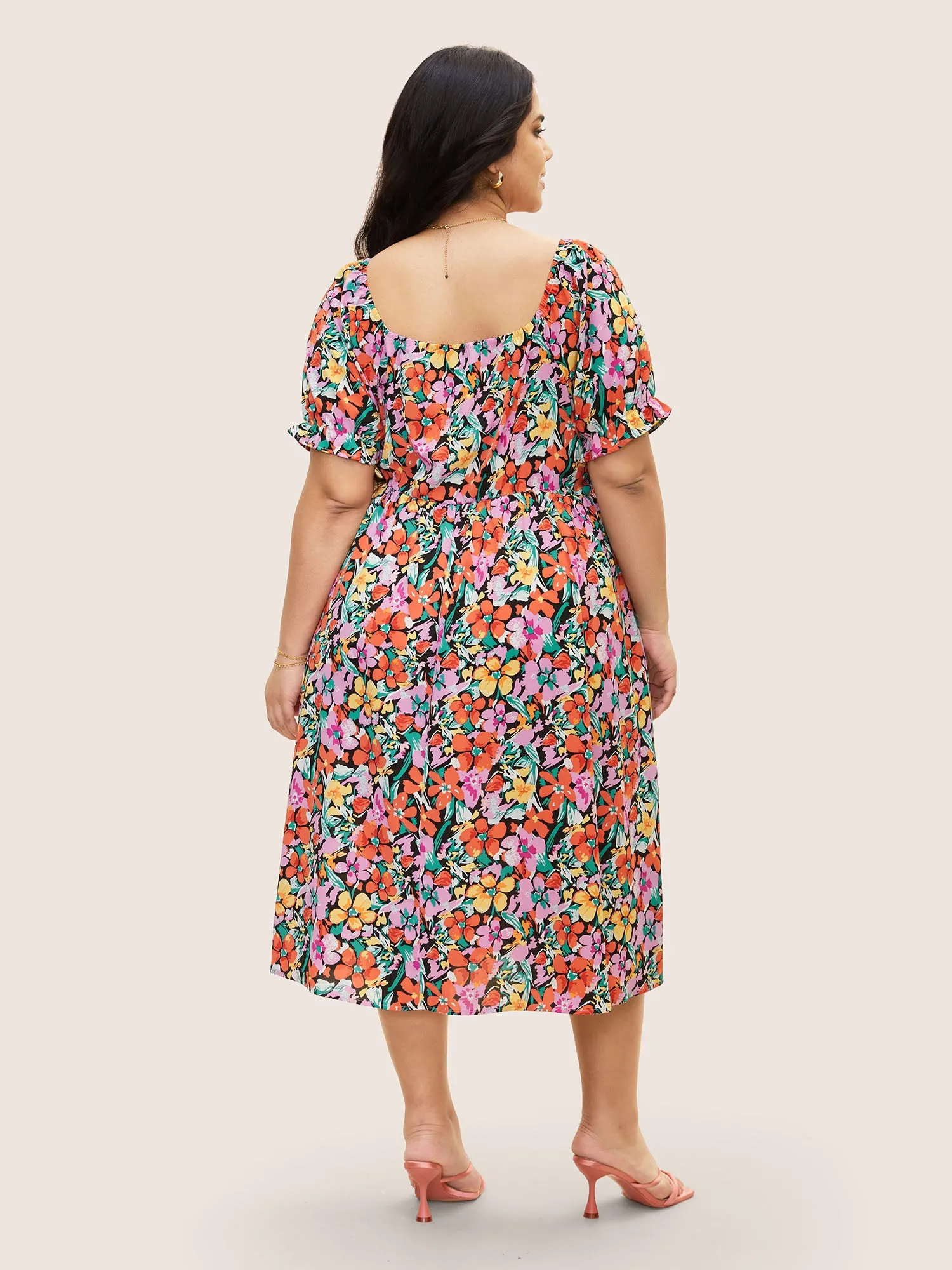 Square Neck Floral Drawstring Split Hem Dress sold by Bloomchic product image thumbnail 3