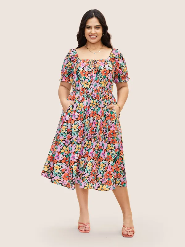Square Neck Floral Drawstring Split Hem Dress sold by Bloomchic