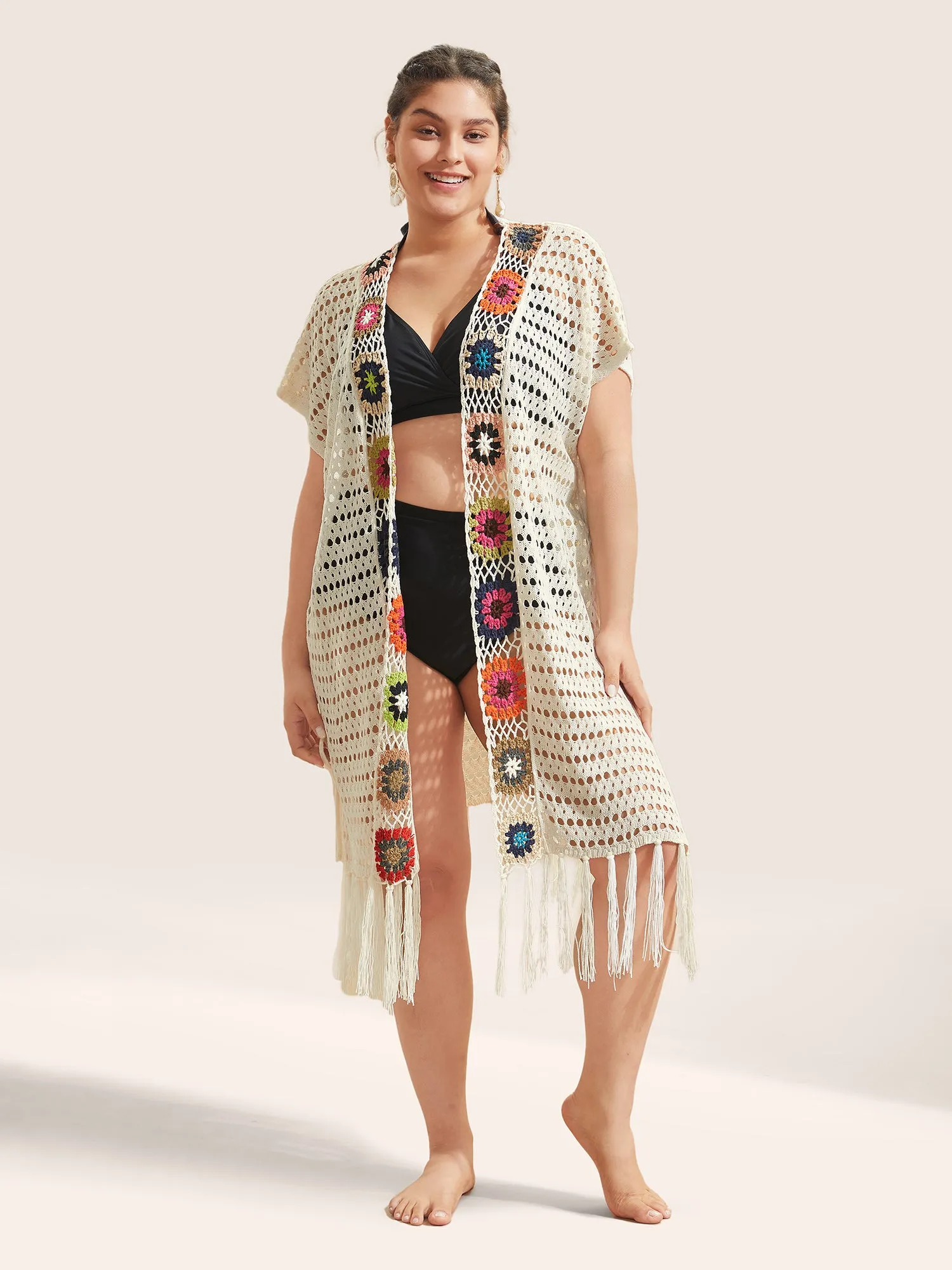 Floral Cut Out Tassels Hem Mesh Swim Cover Up sold by Bloomchic product image thumbnail 3