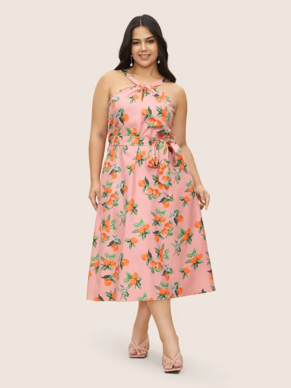 Citrus Orange Print Halter Neck Tie Knot Dress sold by Bloomchic
