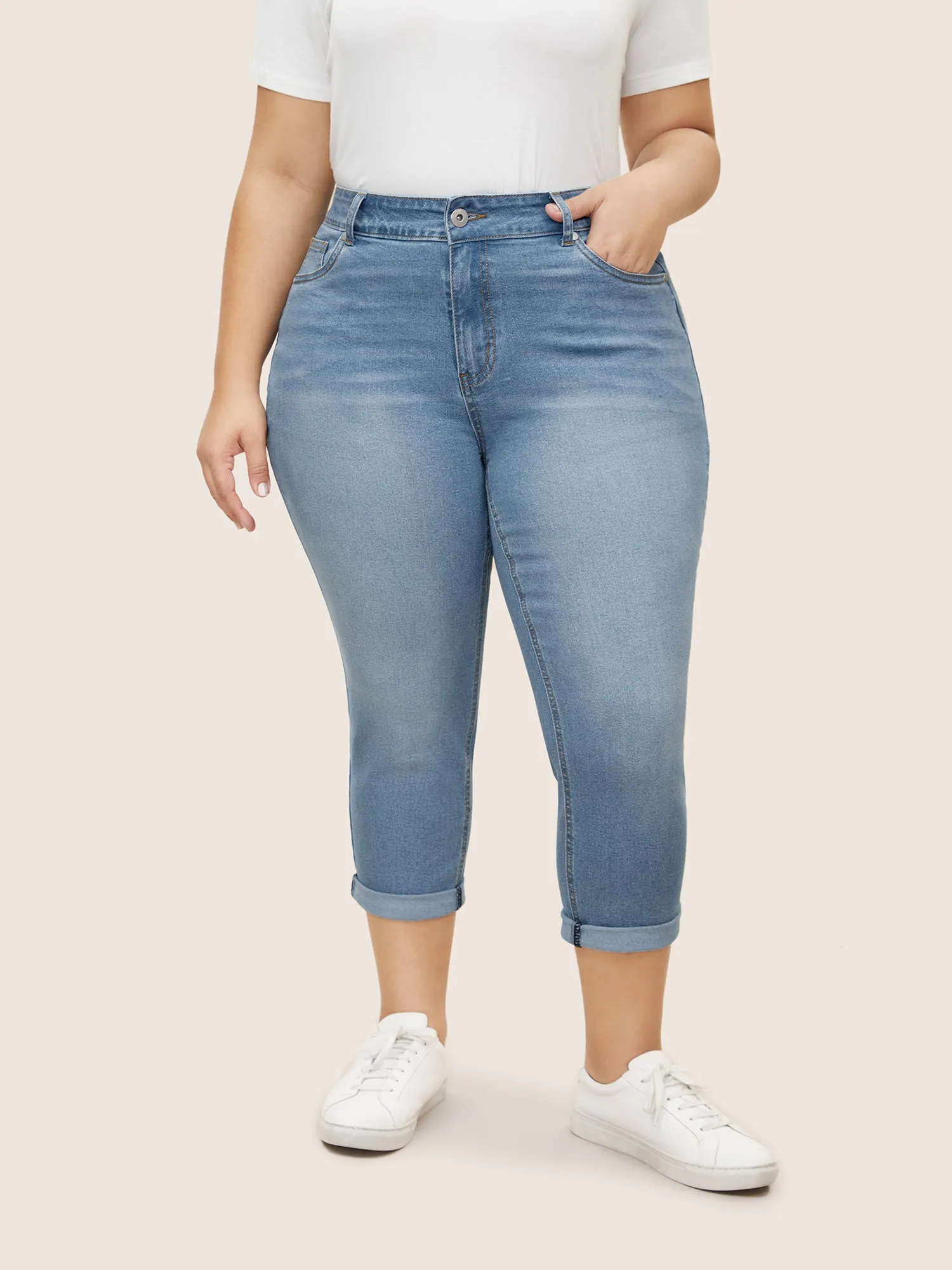 Light Wash Slanted Pocket Roll Hem Jeans sold by Bloomchic
