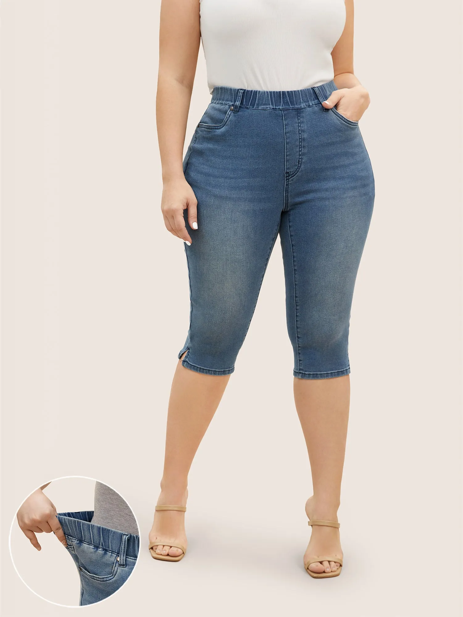 Medium Wash Elastic Waist Pull-on Jegging Jeans sold by Bloomchic