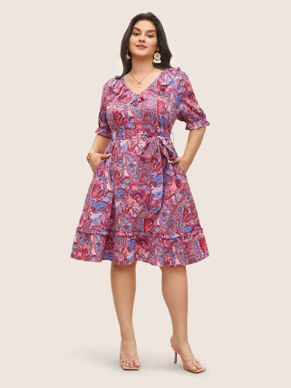 Paisley Print Belted Ruffle Trim Dress sold by Bloomchic