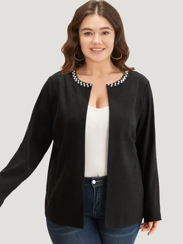 Solid Pearl Beaded Detail Open Front Coat sold by Bloomchic