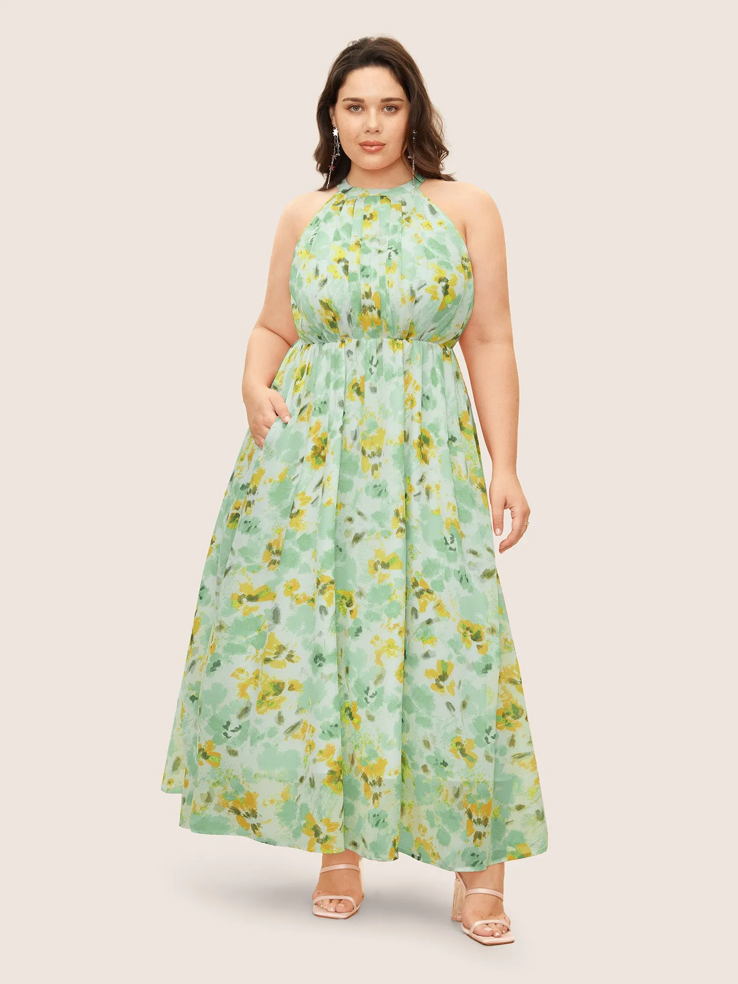 Halter Neck Floral Pleated Pocket Dress sold by Bloomchic
