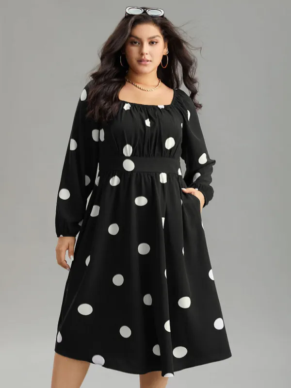 Polka Dot Square Neck Gathered Elastic Cuffs Dress sold by Bloomchic