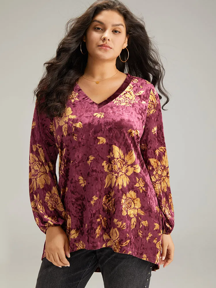 Velvet Silhouette Floral Print Lantern Sleeve T-shirt sold by Bloomchic
