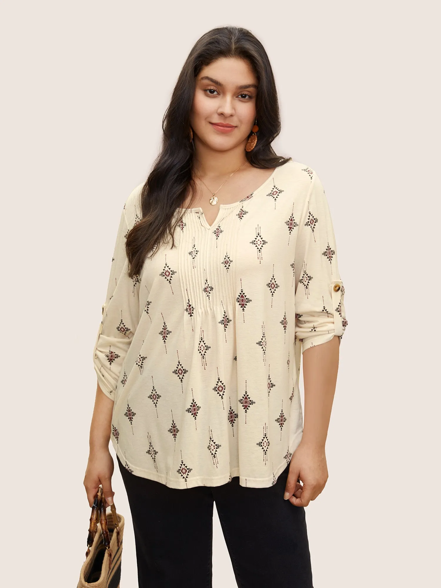 Bandana Print Notched Pleated Tab Sleeve T-shirt sold by Bloomchic