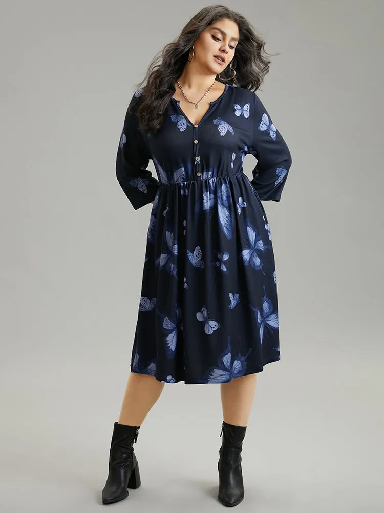 Butterfly Print Notched Elastic Waist Button Detail Dress sold by Bloomchic product image thumbnail 5