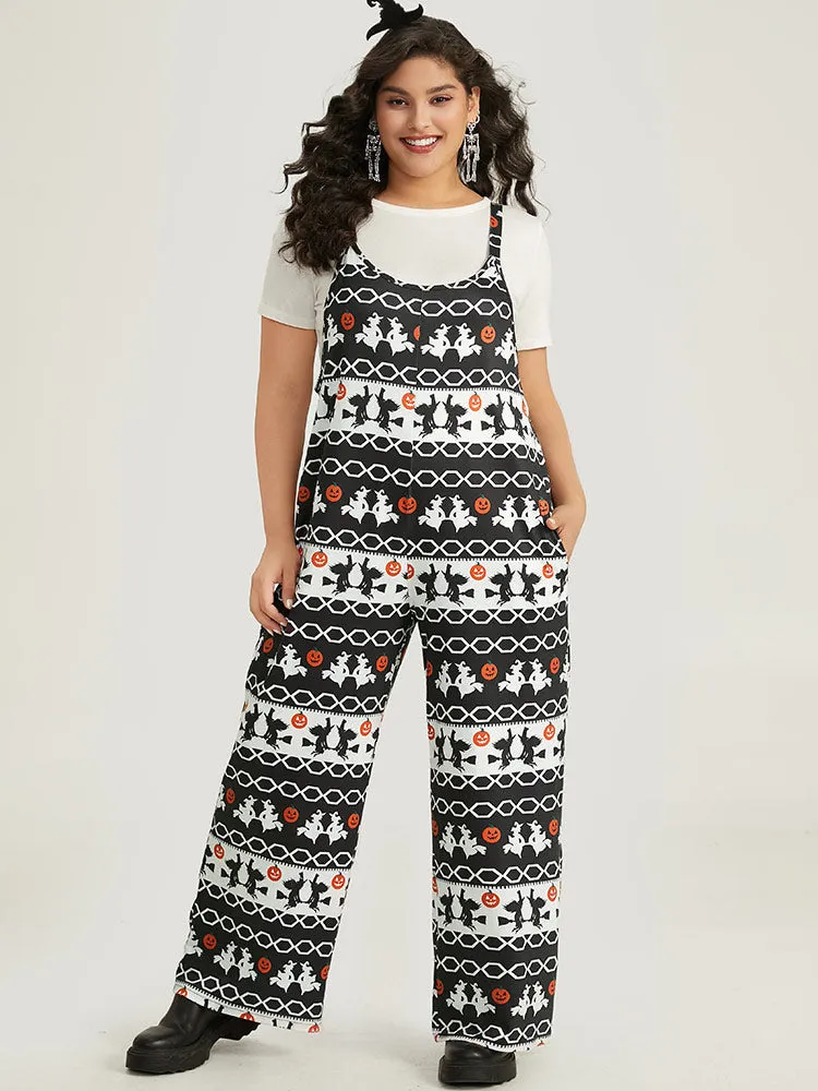 Halloween Witch & Pumpkin Pattern Striped Jumpsuit sold by Bloomchic