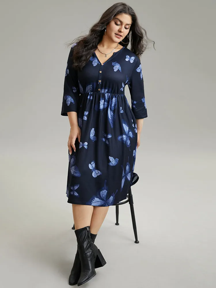Butterfly Print Notched Elastic Waist Button Detail Dress sold by Bloomchic product image thumbnail 2