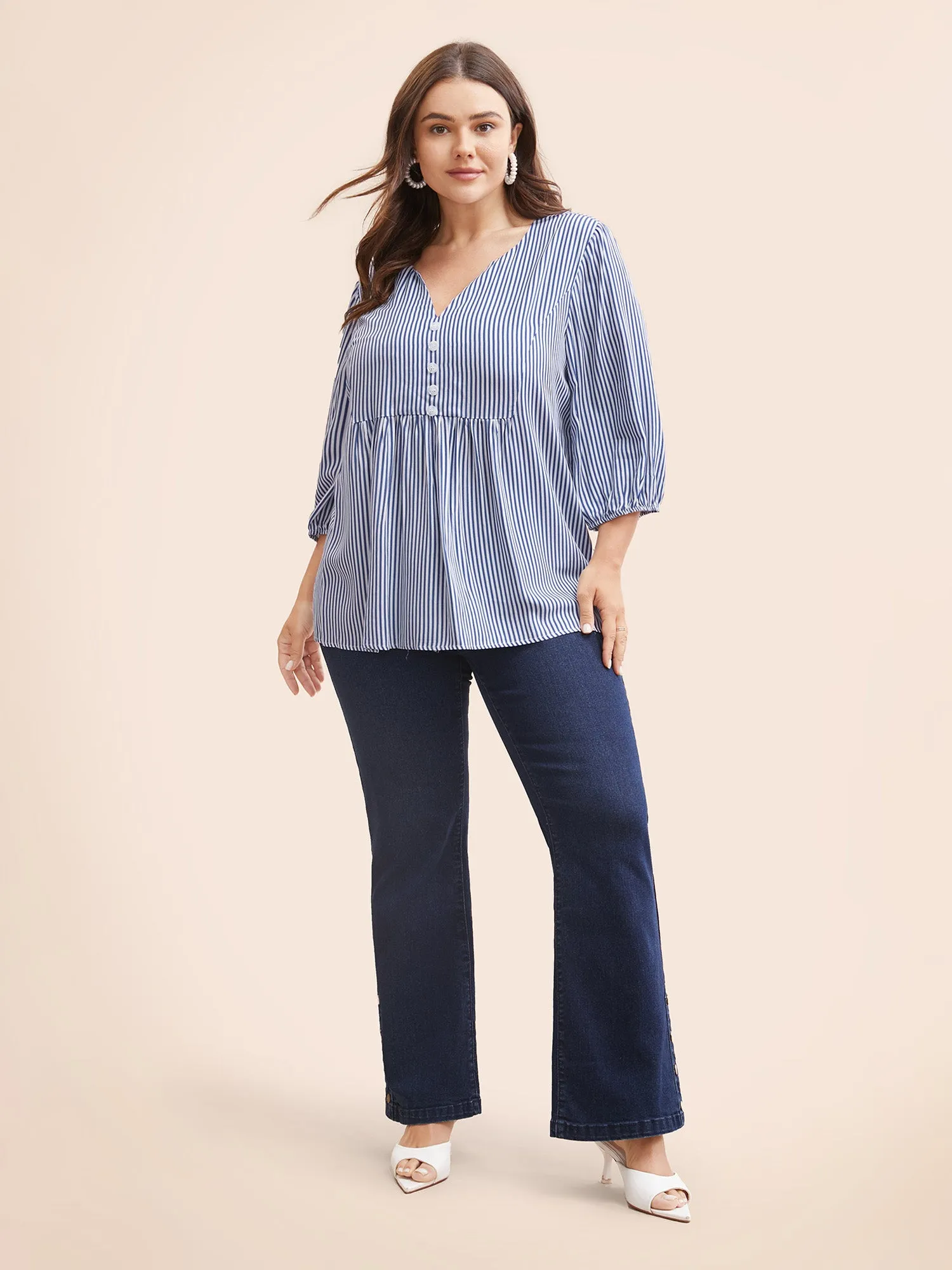 Striped Gathered Button Detail Lantern Sleeve Blouse sold by Bloomchic product image thumbnail 2