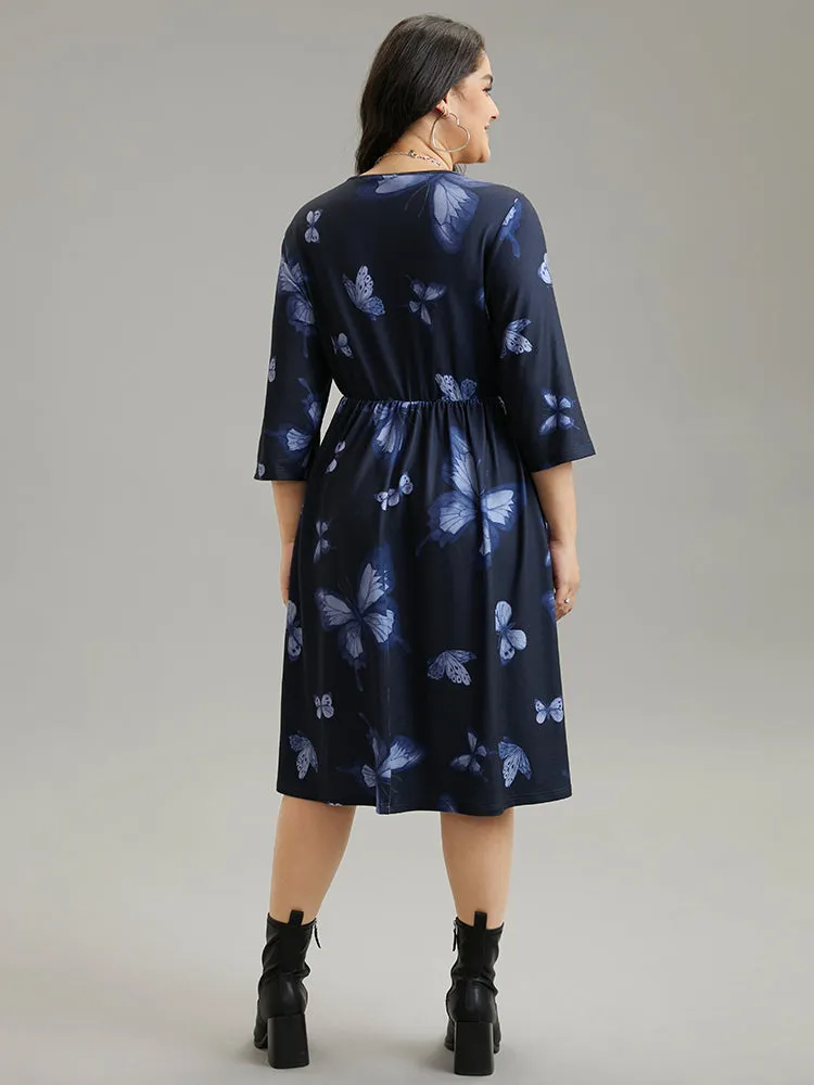 Butterfly Print Notched Elastic Waist Button Detail Dress sold by Bloomchic product image thumbnail 3