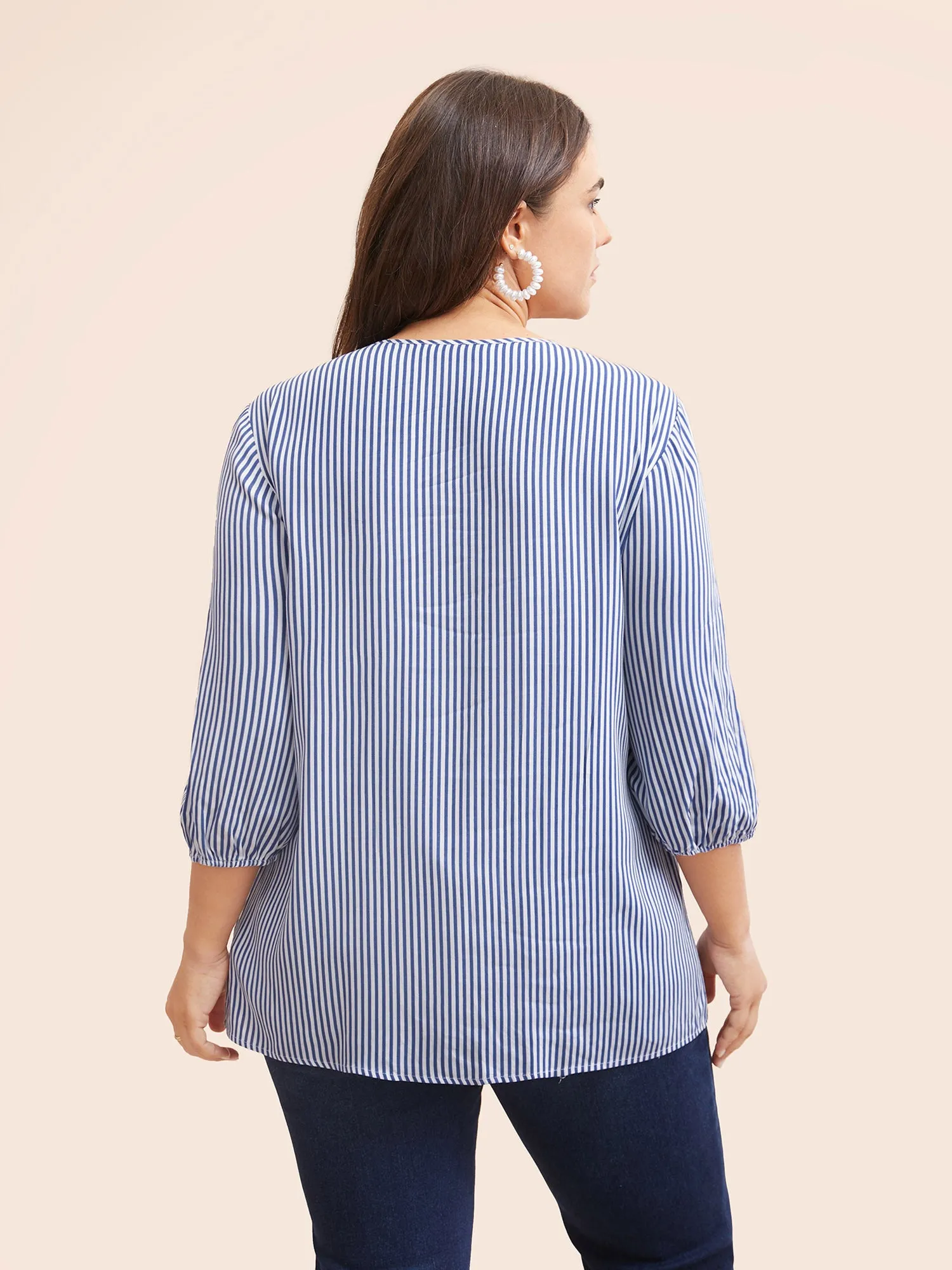Striped Gathered Button Detail Lantern Sleeve Blouse sold by Bloomchic product image thumbnail 3