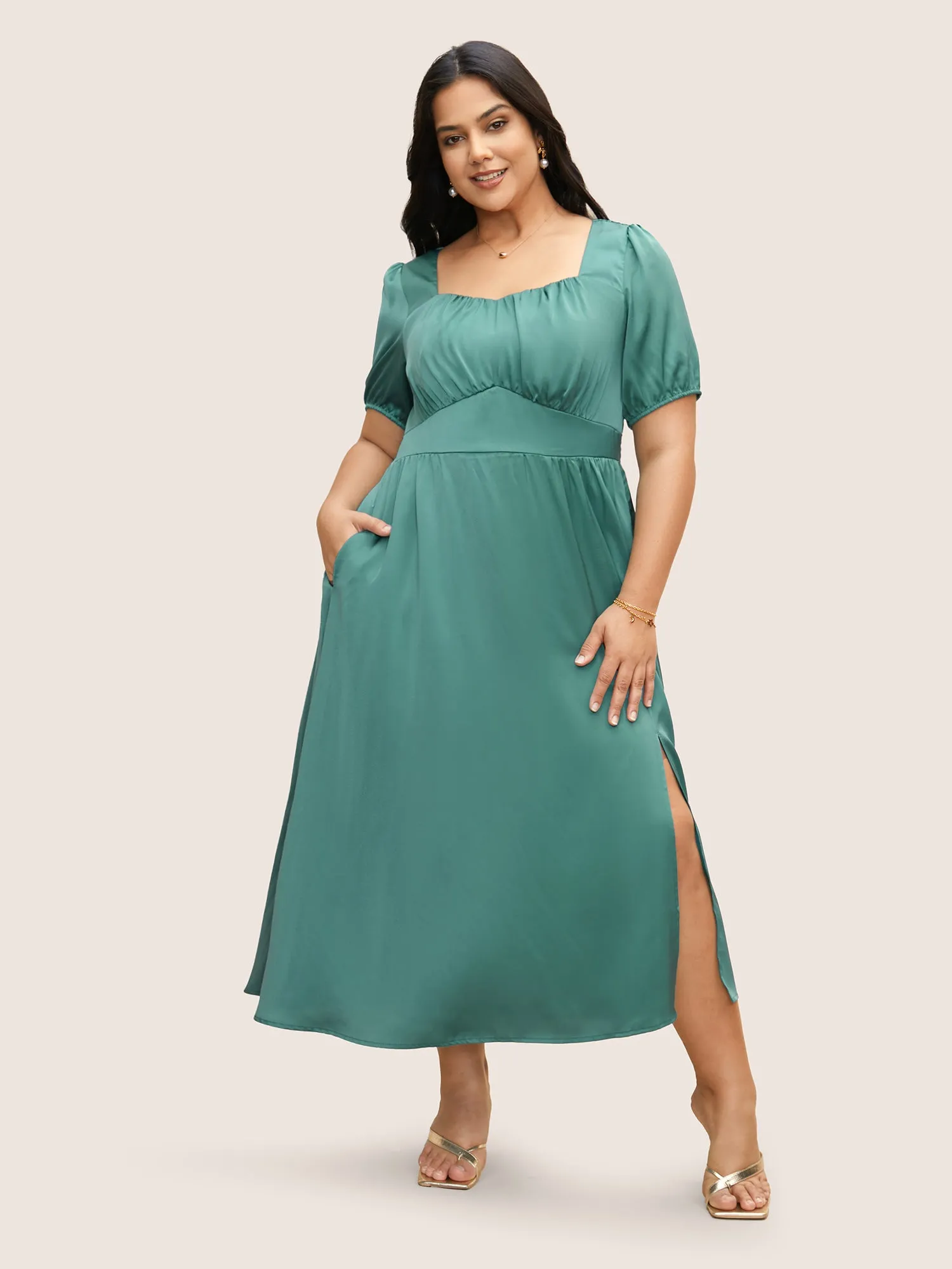 Heart Neckline Shirred Gathered Maxi Dress sold by Bloomchic product image thumbnail 2