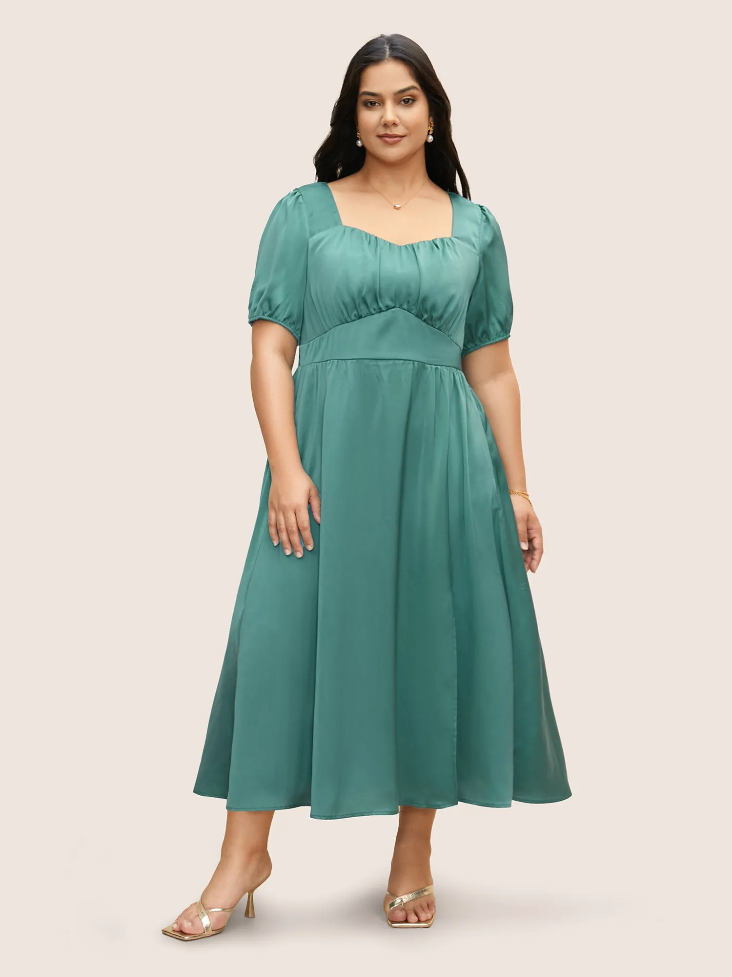 Heart Neckline Shirred Gathered Maxi Dress sold by Bloomchic