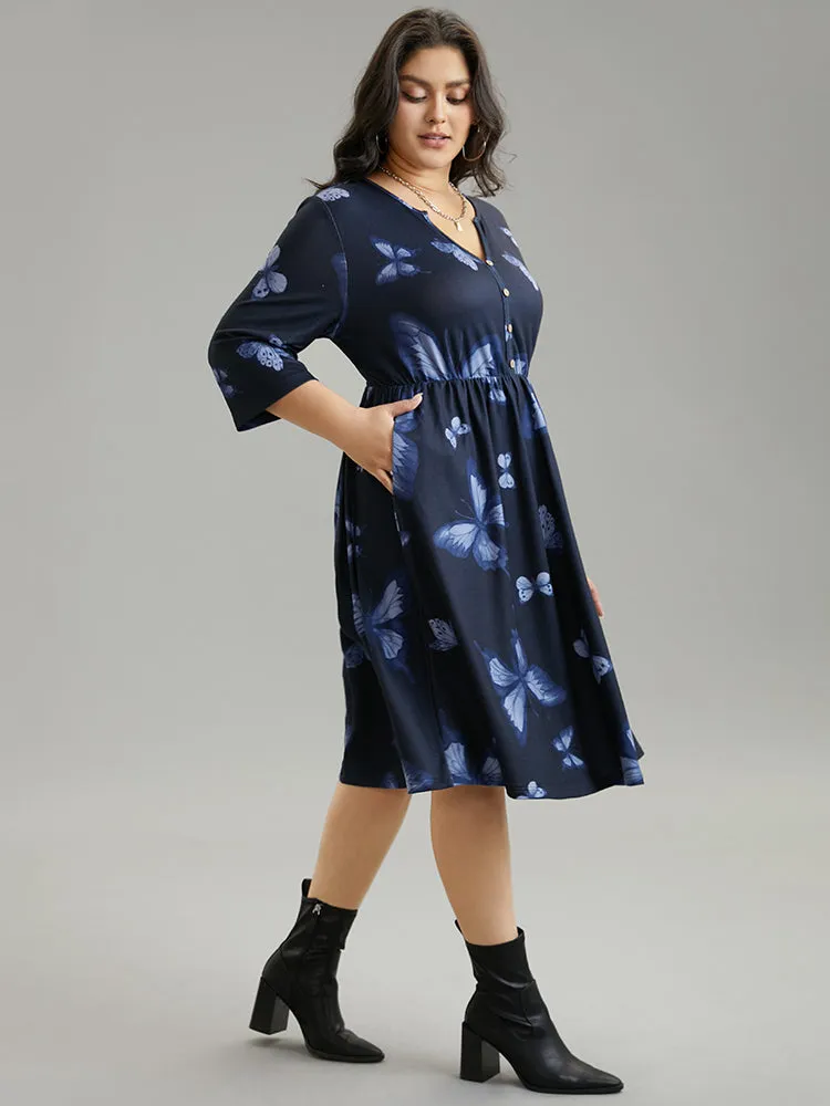 Butterfly Print Notched Elastic Waist Button Detail Dress sold by Bloomchic product image thumbnail 4