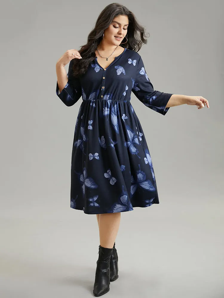 Butterfly Print Notched Elastic Waist Button Detail Dress sold by Bloomchic