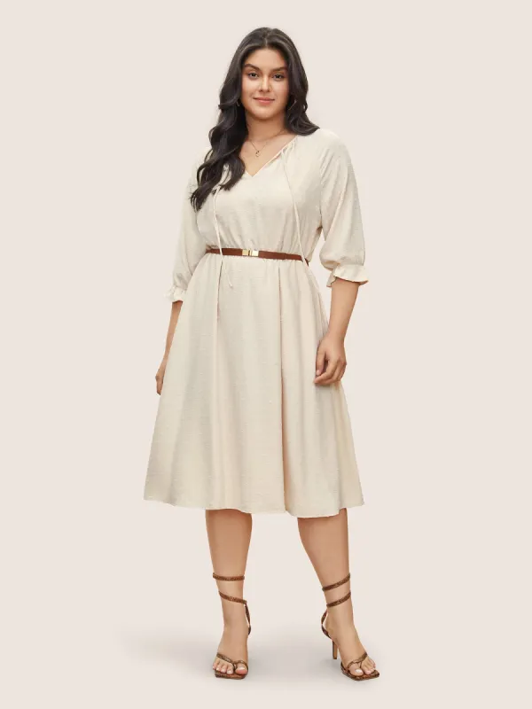 Plain Textured Elastic Waist Tie Neck Ruffles Dress sold by Bloomchic