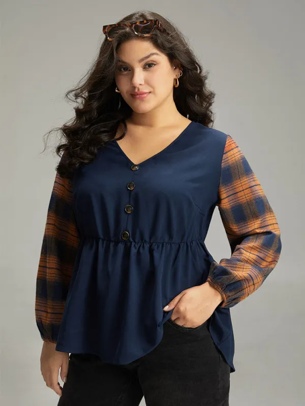 Halloween Plaid Patchwork Button Detail Elastic Waist Blouse sold by Bloomchic