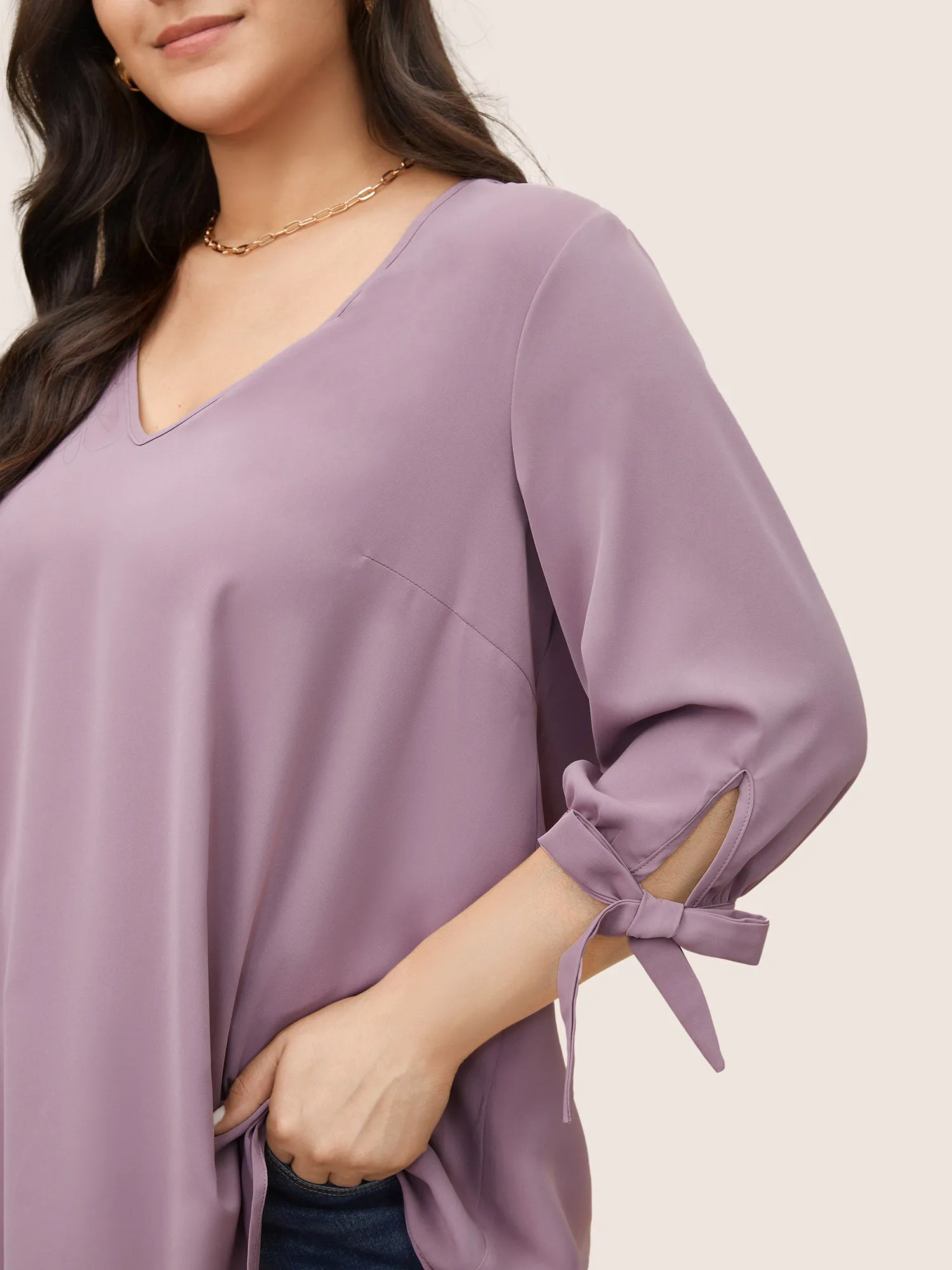 Plain Knotted Sleeve V Neck Blouse sold by Bloomchic product image thumbnail 3
